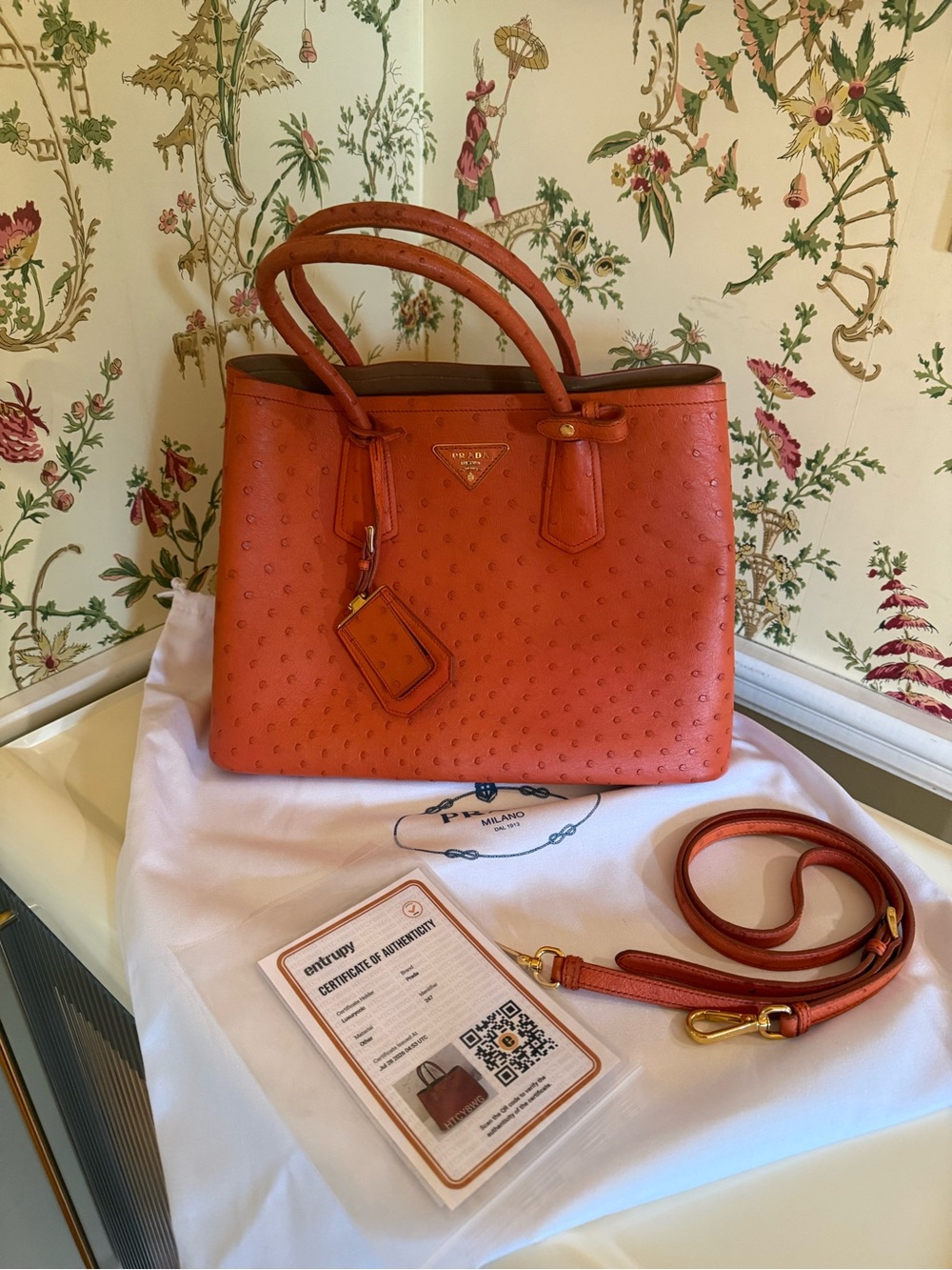 PRADA Struzzo Ostrich Double Tote – Coral/Tangerine – Gold Hardware